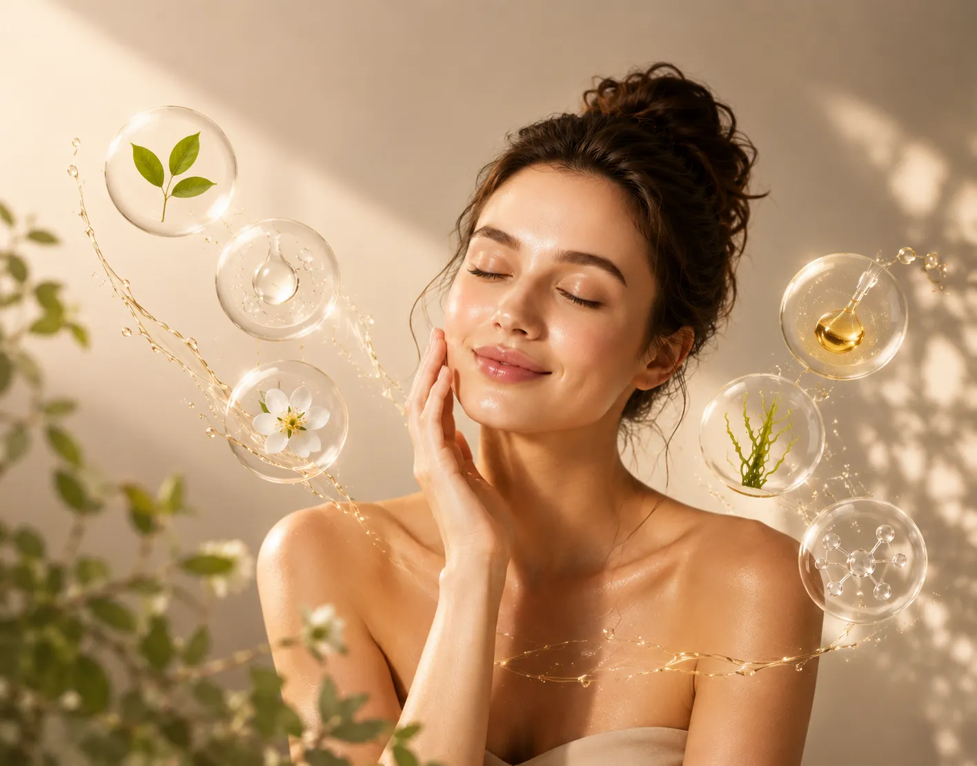 Smiling woman holding a jar of moisturiser, showing healthy glowing skin