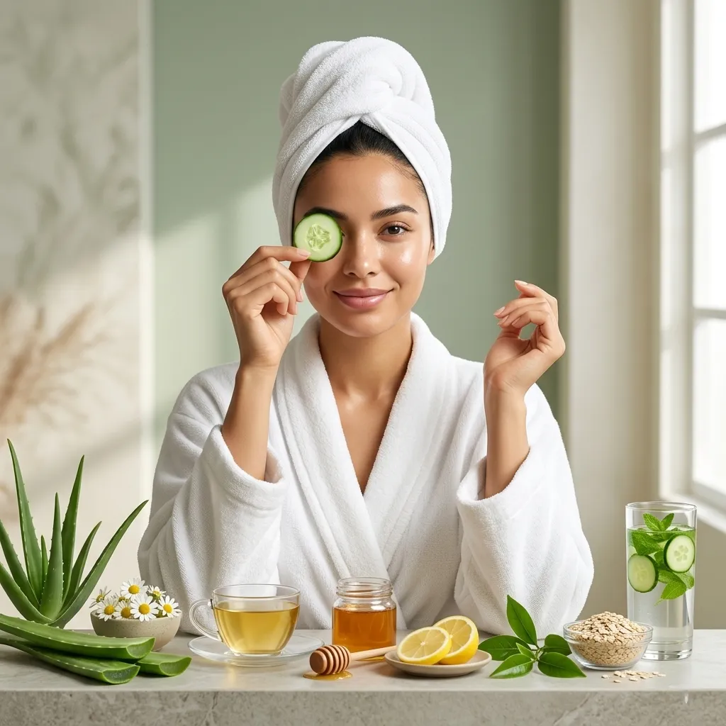 Relaxed woman in a towel enjoying a natural cucumber self-care moment