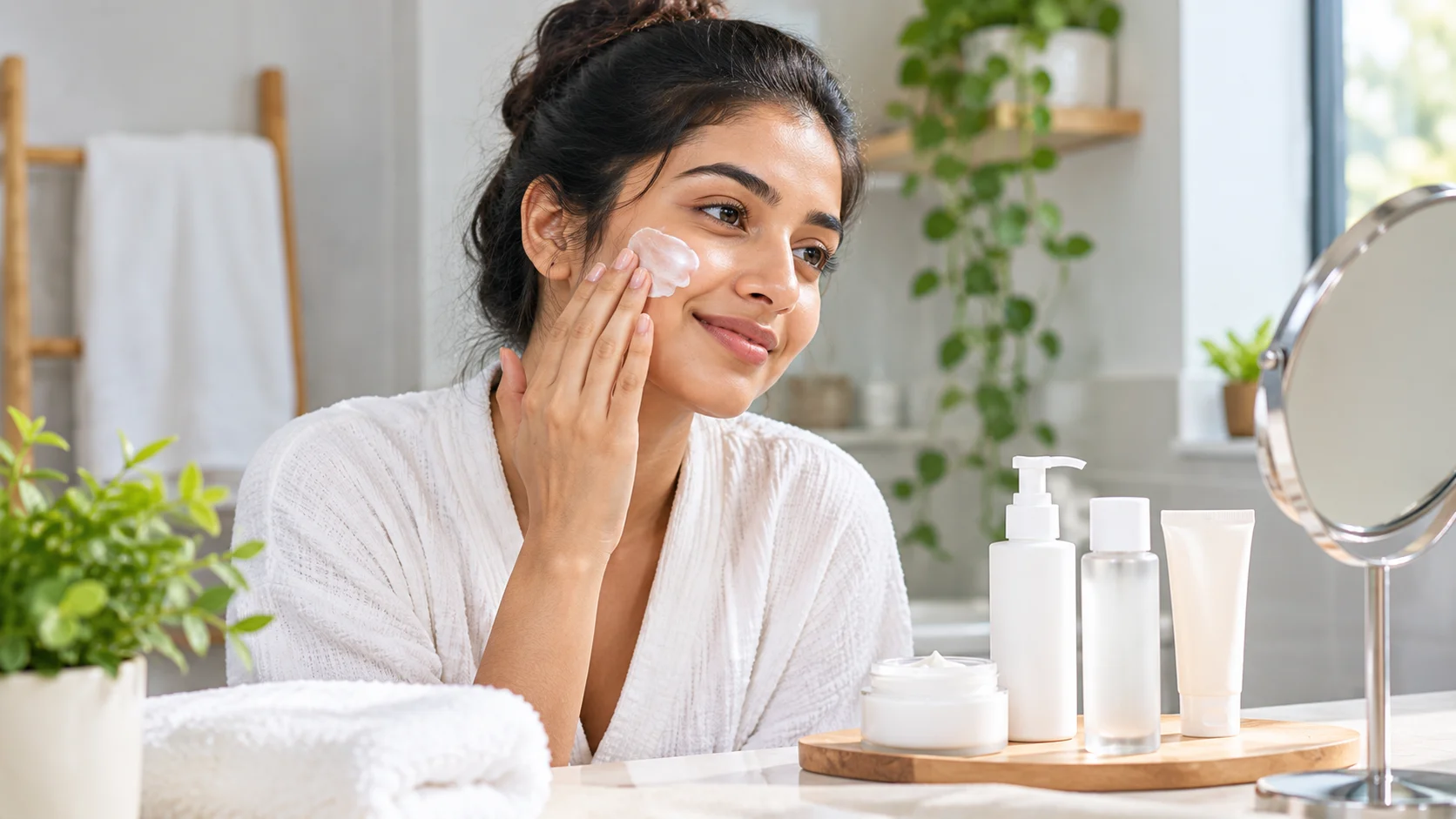 Woman checking a skincare product label beside her daily skincare products