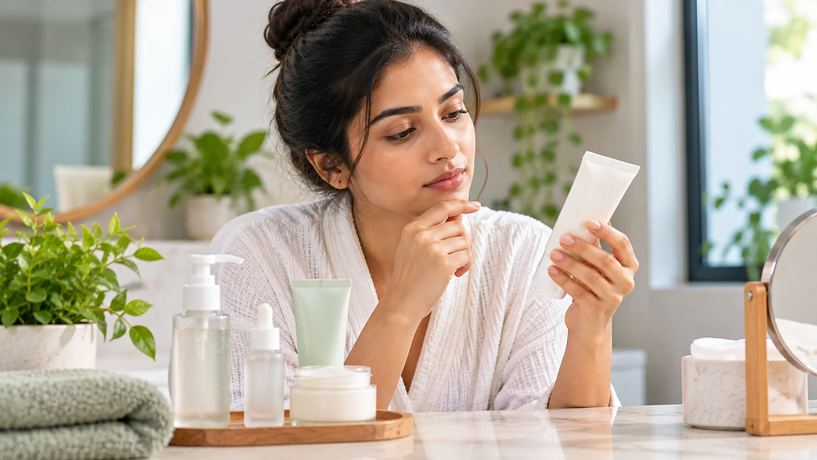 Woman examining a skincare product while comparing ingredients in her daily skincare routine