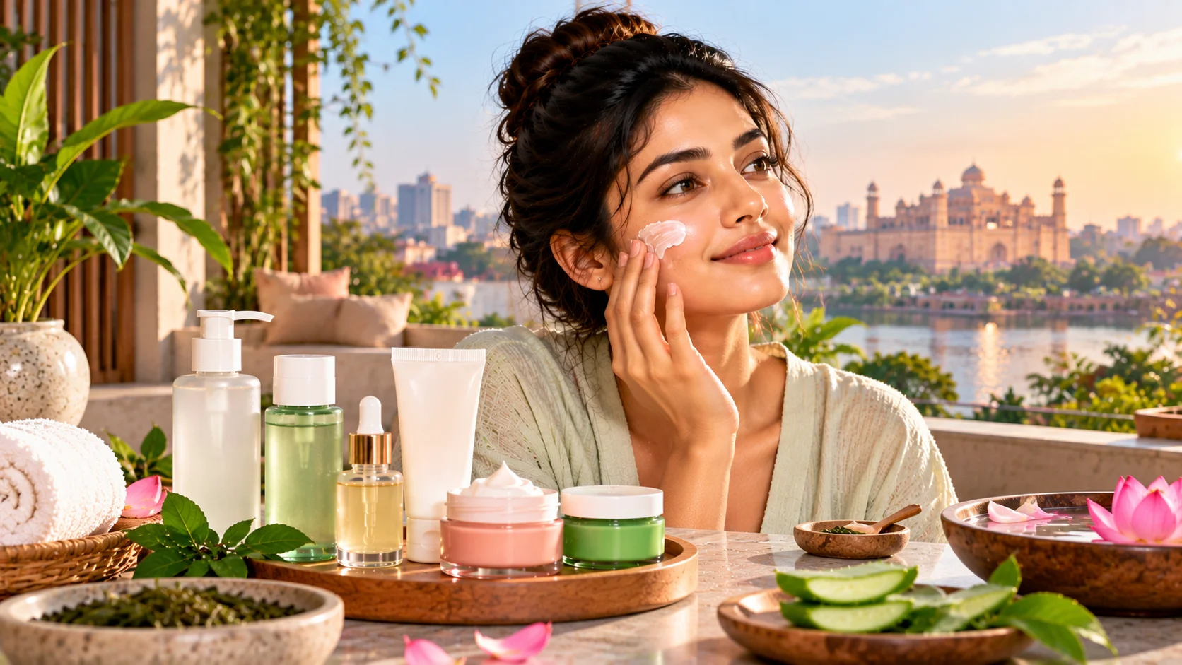 South Asian woman applying Korean skincare products on a sunny rooftop terrace.