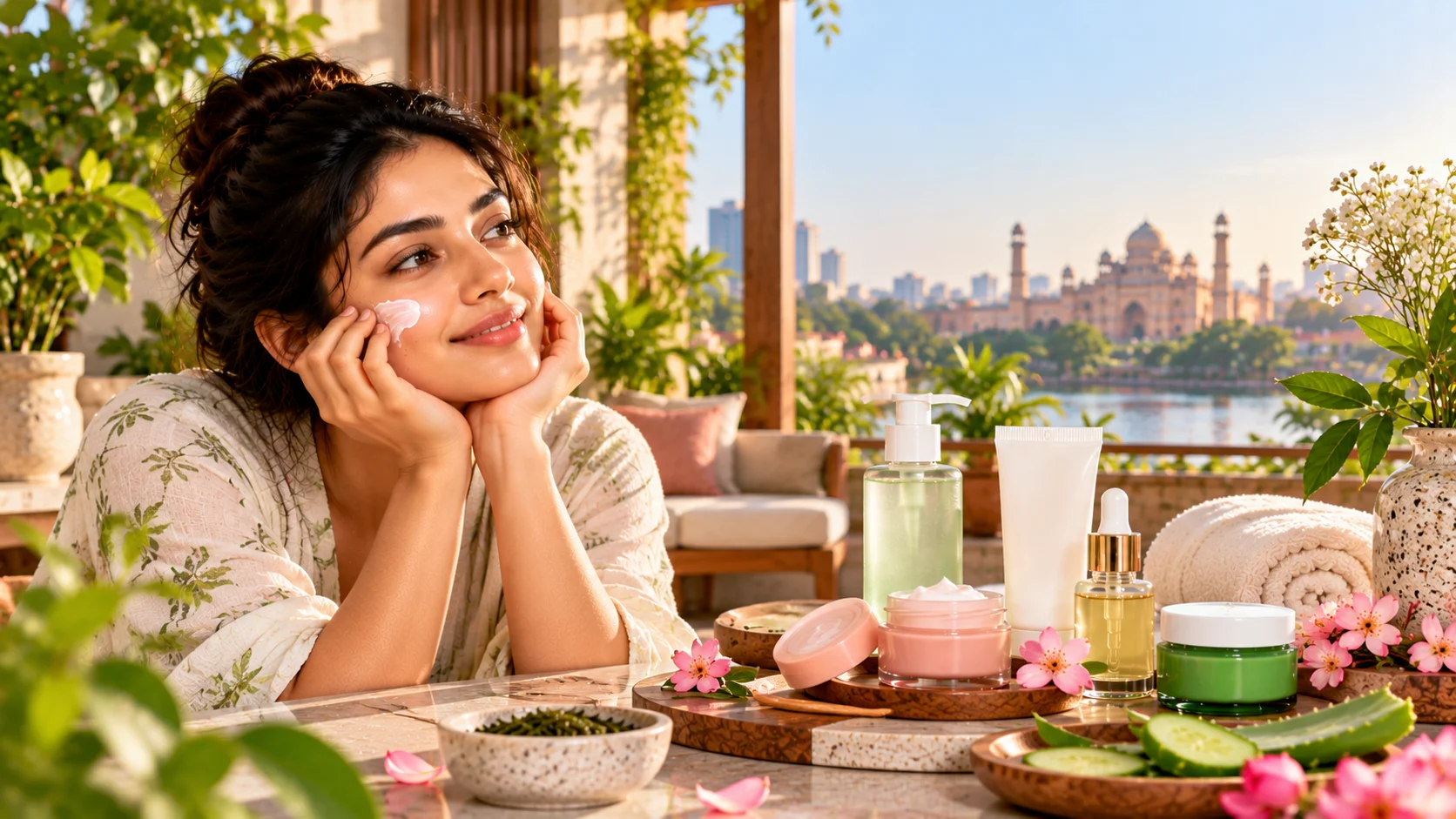 South Asian woman applying moisturizer beside Korean skincare products arranged on a sunlit terrace.