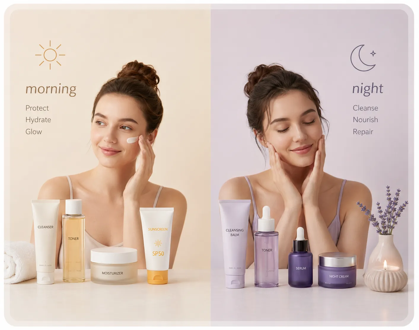 Morning and night skincare routine products laid out — cleanser, toner, serum, moisturiser and night cream