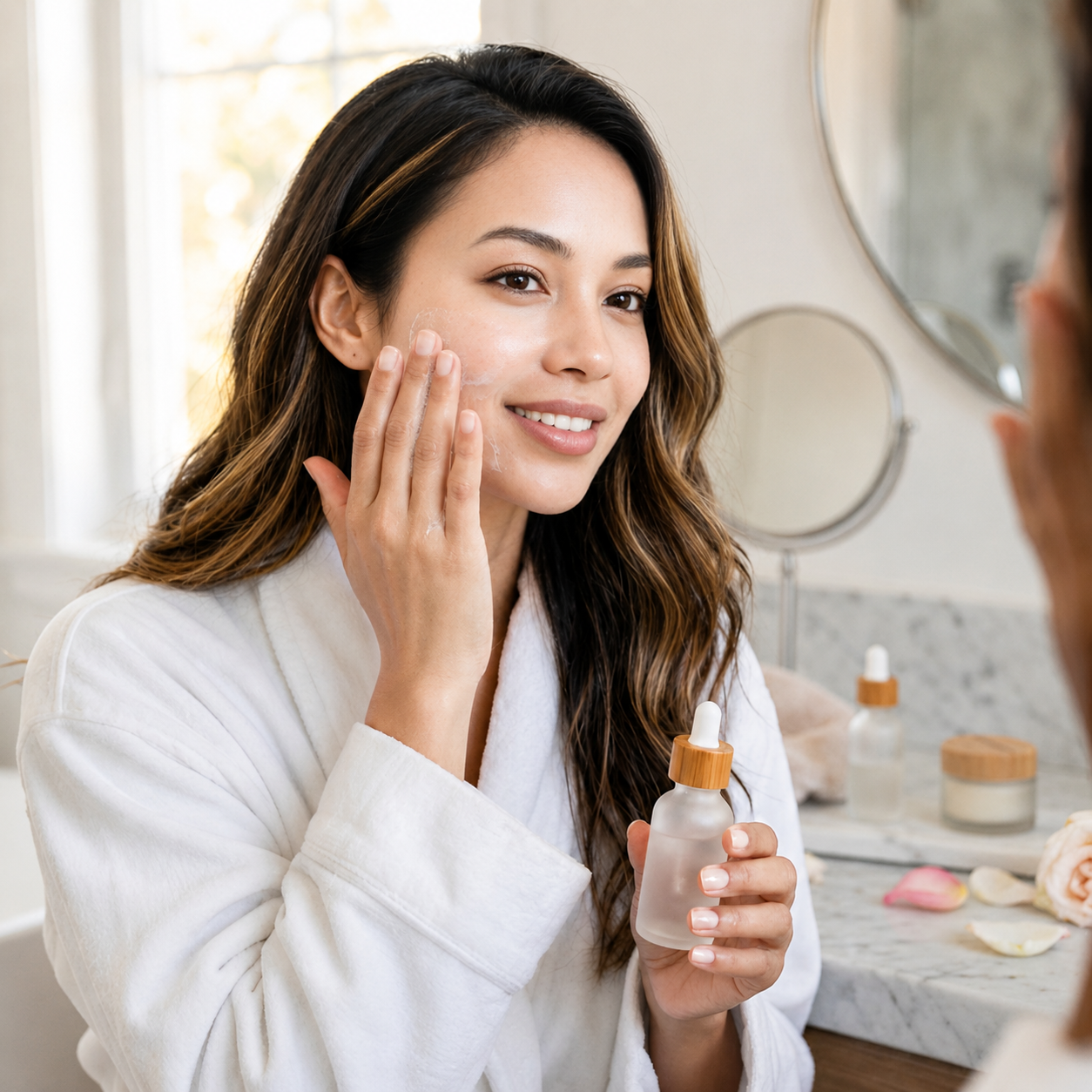 Woman with radiant, glowing skin using DailySkinTips daily routine
